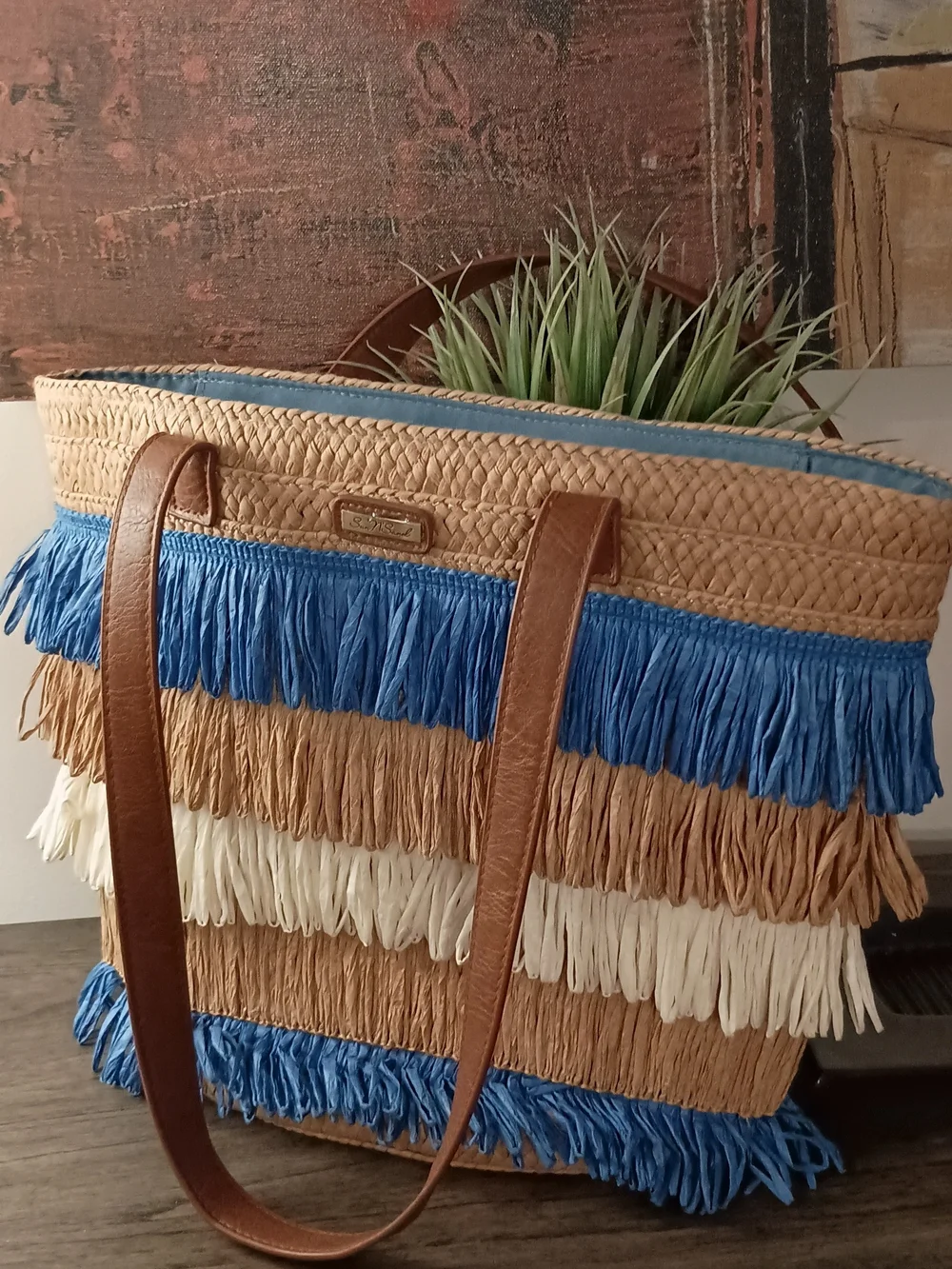Layered Fringe Straw Tote in Blue, White & Tan